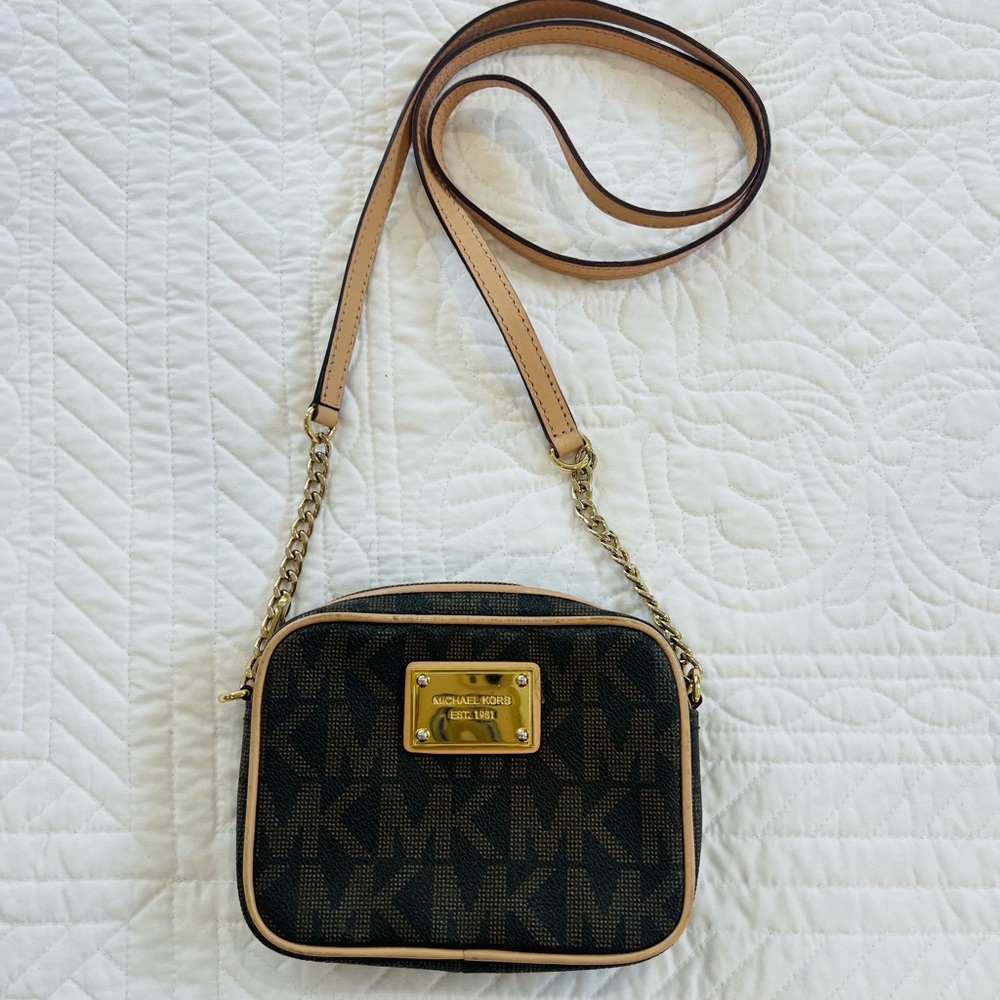 Michael Kors Brown MK Logo Crossbody with Tan Strap